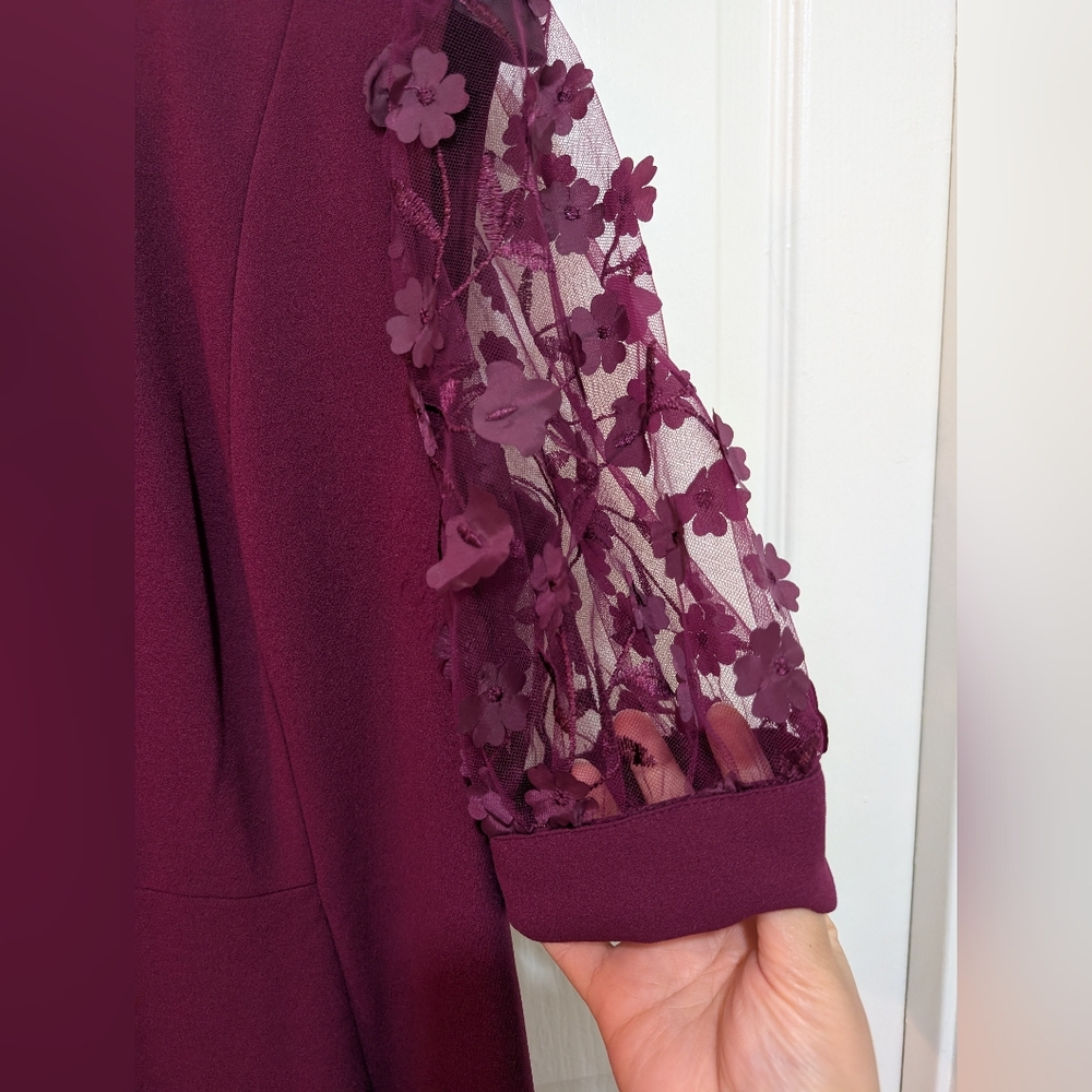 Liz Claiborne Burgundy Dress with Floral Lace Sleeves - Picture 4 of 4